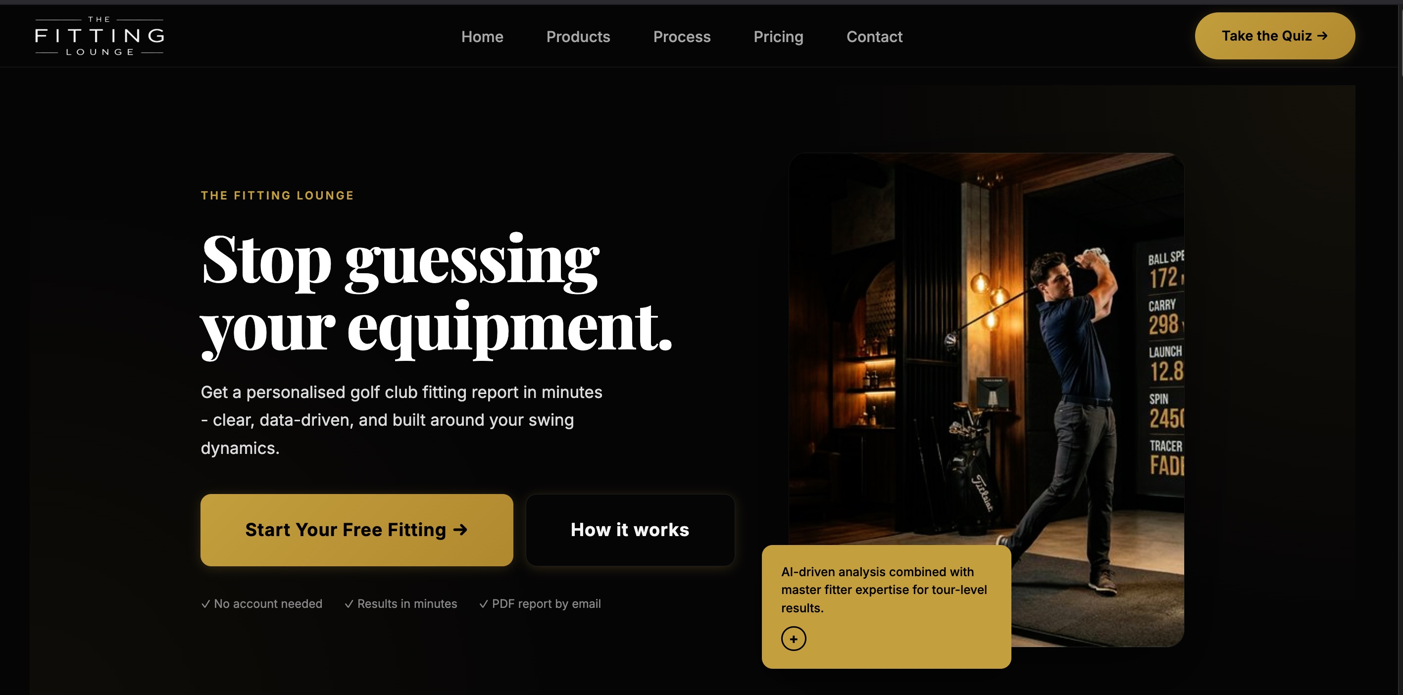 AI golf fitting quiz landing interface
