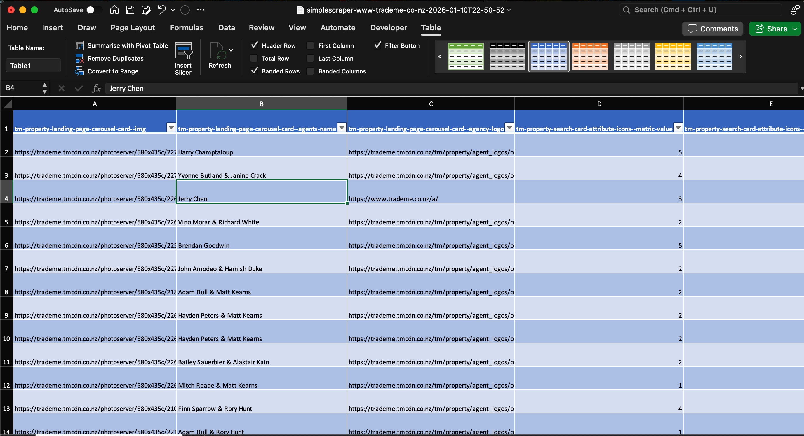 Structured property monitoring data stored in Excel