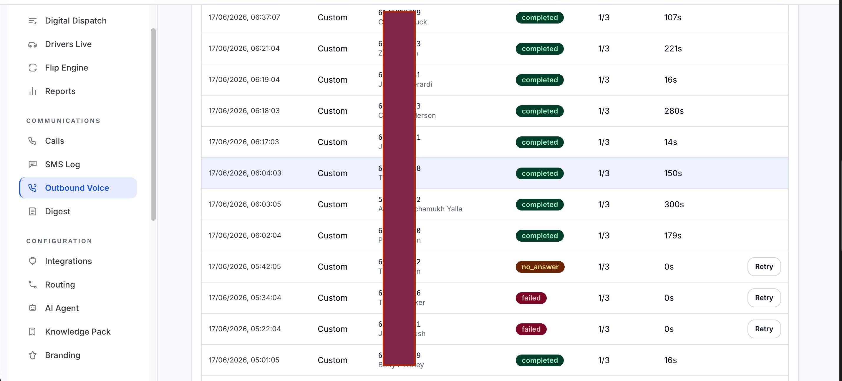 Retell AI outbound call activity and outcome log